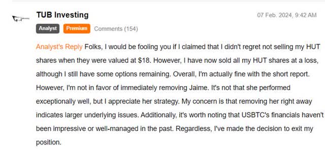 My Comment in the last article stating I have sold my position