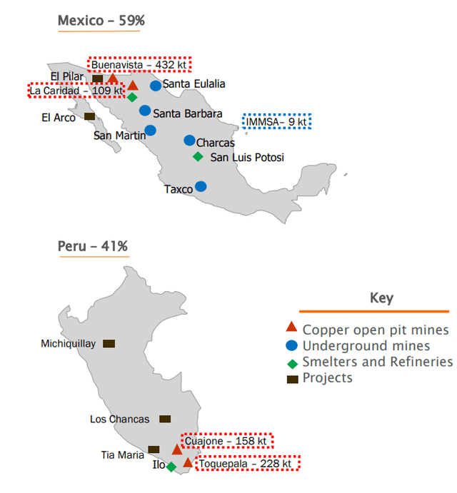 Map of location of Southern Copper Mines in Peru and Mexico